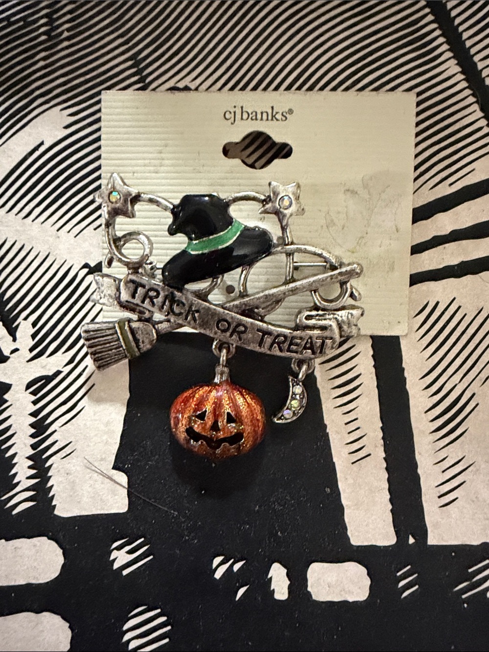 cj banks Black & Orange Trick or Treat Halloween Brooch